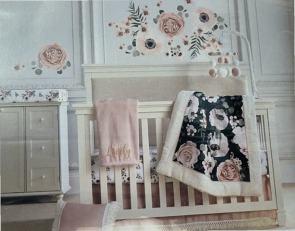 4 Piece Crib Bedding Set Flowers Pink Blush Charcoal Flowers - Fiori Levtex Home