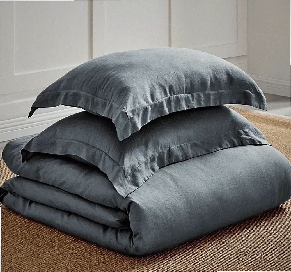 $600 Levtex Home 100% Washed Linen KING Duvet Cover Denim Blue