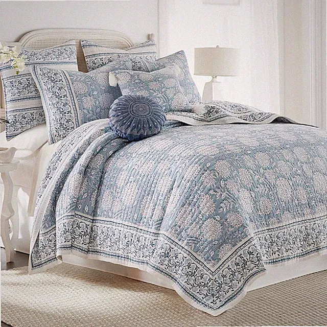 Adare Blue Reversible King Quilt Set with 2 Pillow Shams - Floral Design