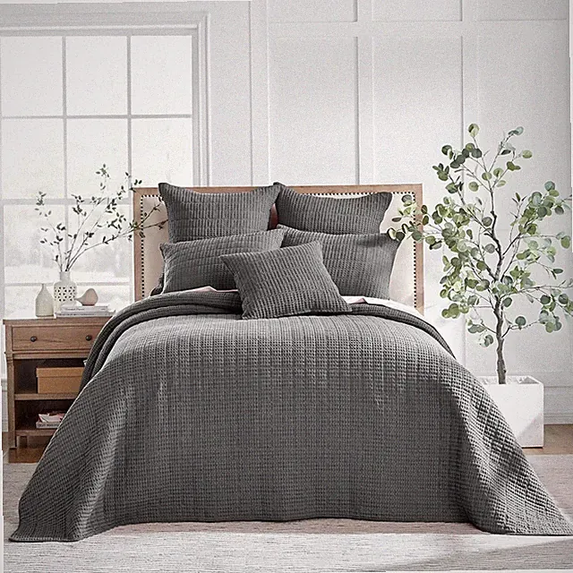 Charcoal Mills Waffle Queen Bedspread Set with 2 Pillow Shams - 100% Cotton