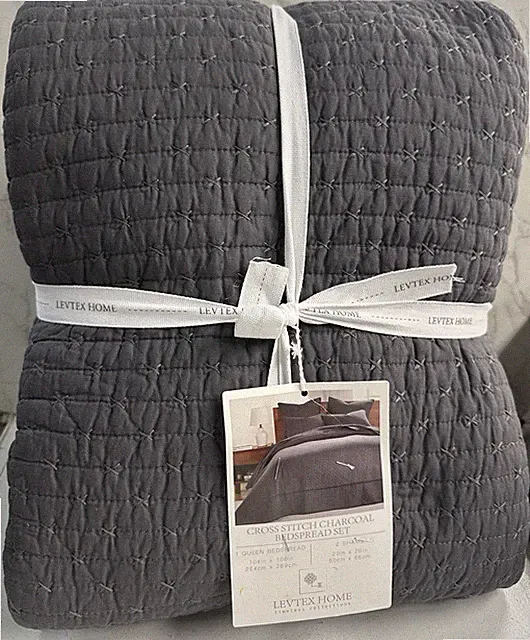 Levtex Home Cross Stitch Charcoal Bedspread 3 PC Set Queen Size