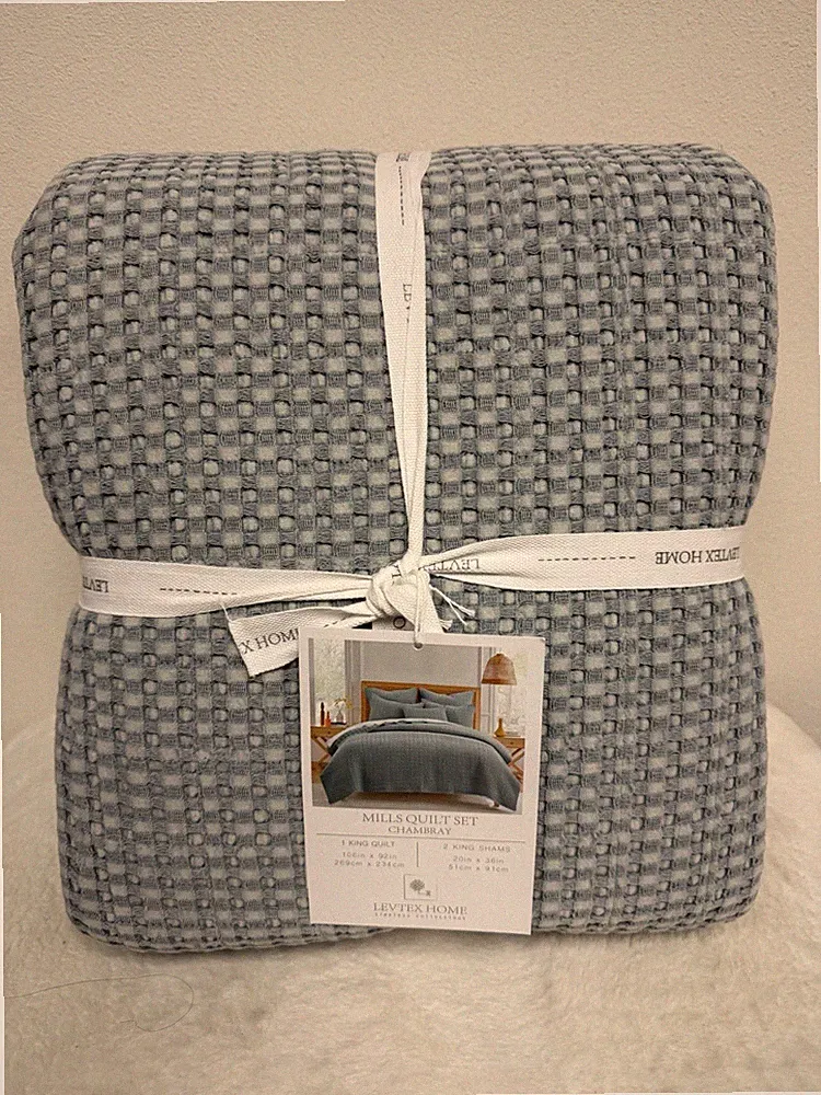 Levtex Home Mills Waffle King 3 Piece Quilt Set Chambray 100% Cotton