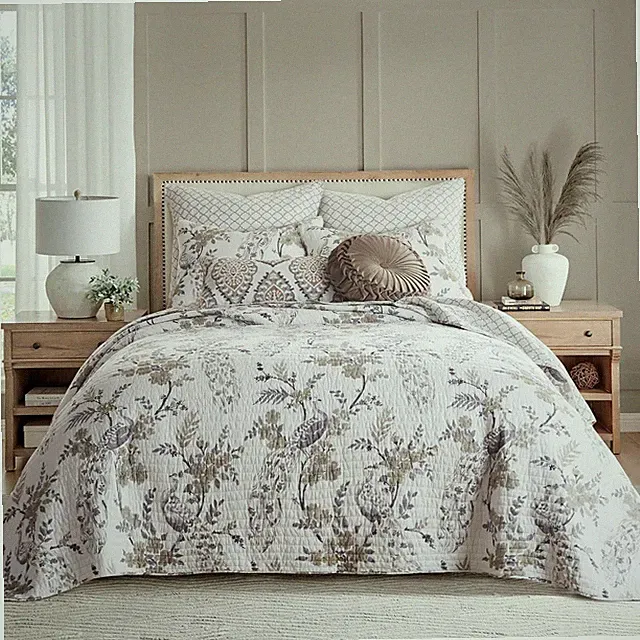 Levtex Home Pisa King Bedspread Set Cotton Floral Peacock Grey
