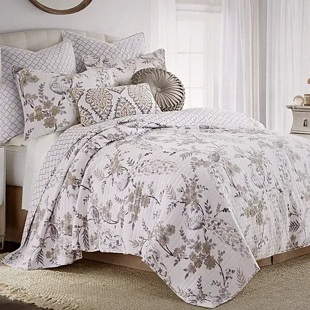 Levtex Home Pisa Reversible King/Cal King Quilt Set (Gray/Taupe Floral) 2 Shams