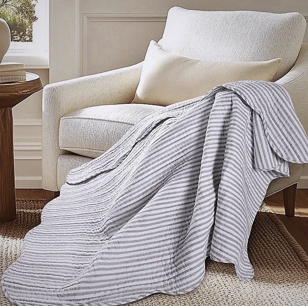Martha Stripe Light Grey Quilted Throw- Levtex Home