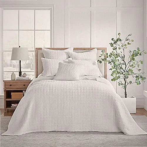 Mills Waffle Set (104x106in) with 2 Pillow Shams Queen Bedspread Bright White