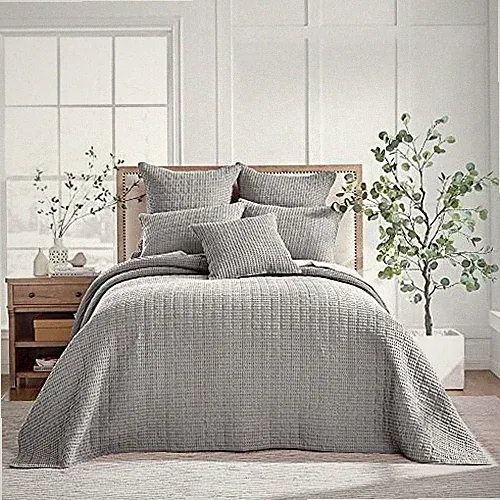 Mills Waffle Set (122x106in) with 2 Pillow Shams (36x20in) King Bedspread Grey